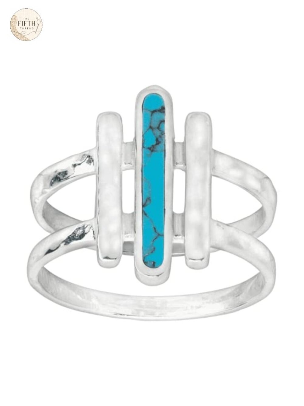 Sterling Silver Compressed Turquoise Statement Ring Three Bar Bezel Set